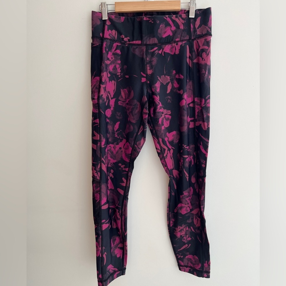 LOLE Burst Ankle Leggings Side Pocket Pink Black Abstract Floral Pattern Gym